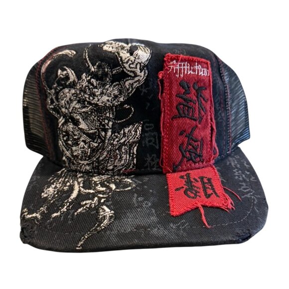 Affliction Black and Red Asian Viking embroidered Trucker Cap Leather Brim NWOT - Picture 2 of 9